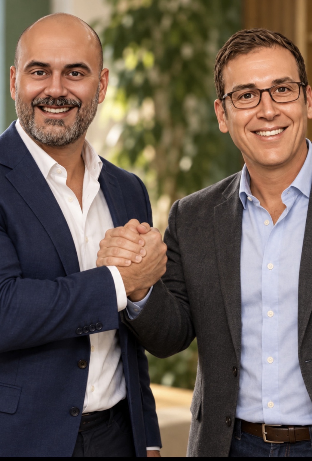 Joe Van Wie and Lawrence J. Moran smiling and shaking hands