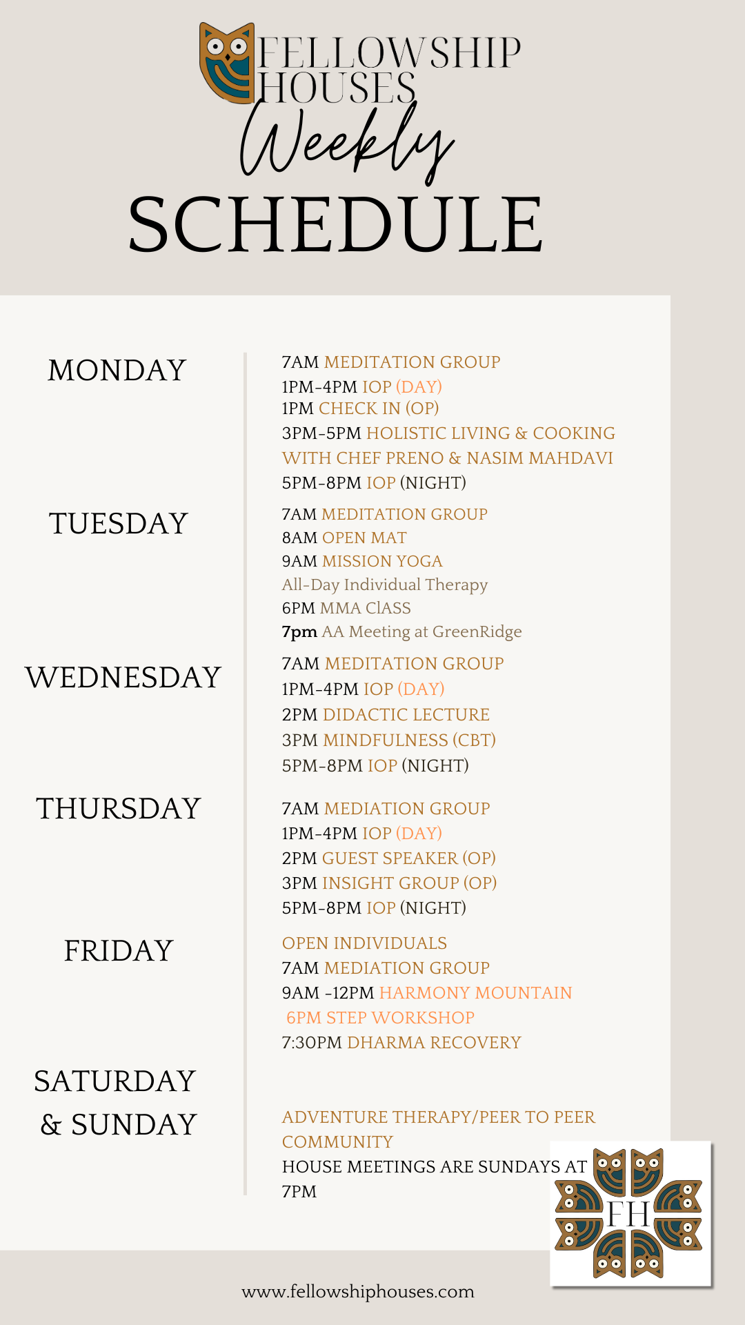 Fellowship House Weekly Schedule - Fellowship Houses